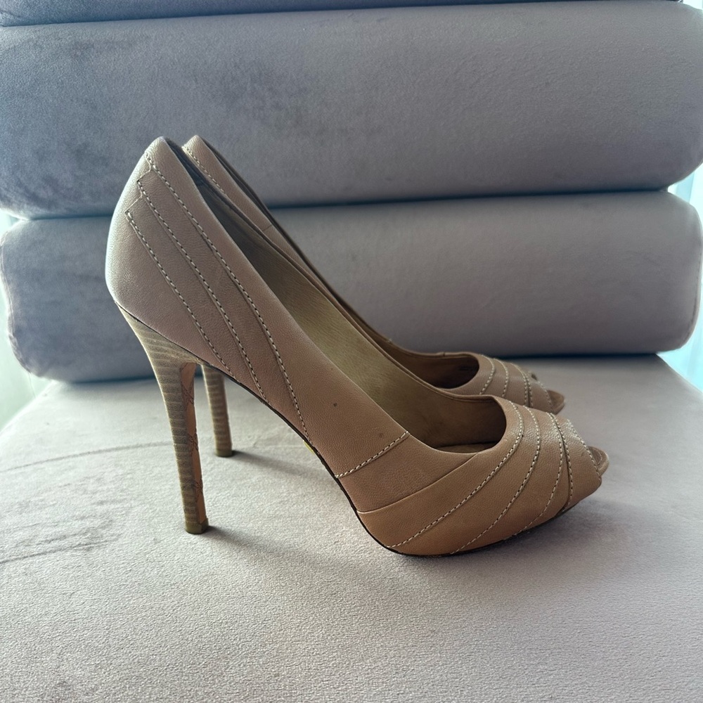 L.A.M.B. Tan Peep Toe Leather Heels
